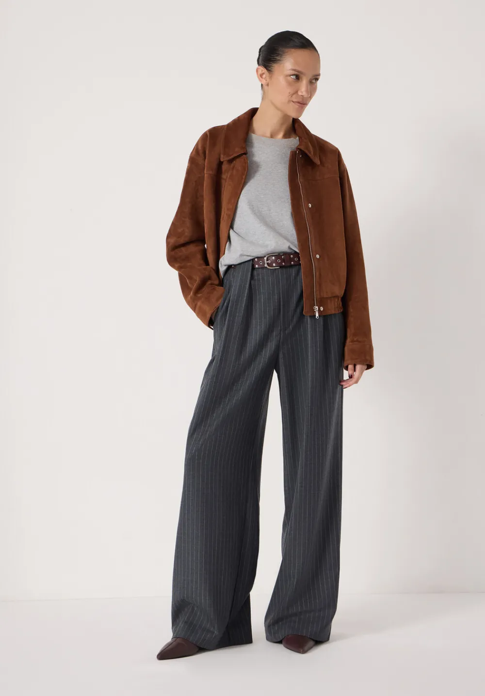 hush Trousers|Adena Pinstripe Wide Leg Trousers Charcoal Grey Pinstripe