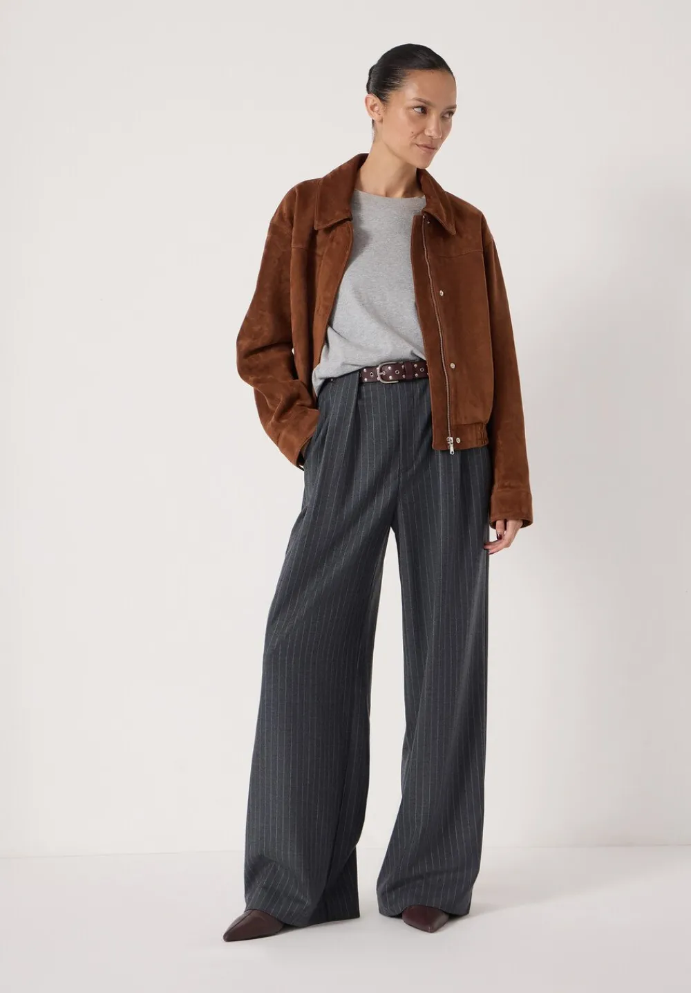 hush Trousers|Adena Pinstripe Wide Leg Trousers Charcoal Grey Pinstripe