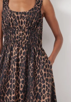 hush Dresses|Air Flow Gathered Straps Midi Dress Soft Leopard