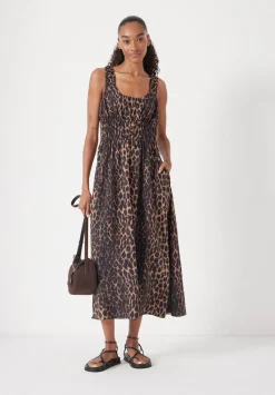 hush Dresses|Air Flow Gathered Straps Midi Dress Soft Leopard