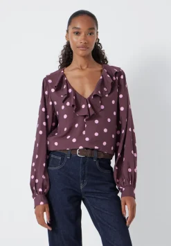 hush Shirts & Blouses|Air Flow Ruffle Blouse Polka Dot Burgundy