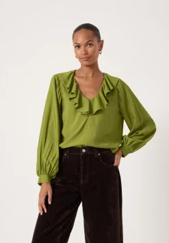 hush Shirts & Blouses|Air Flow Ruffle Blouse Olive Green