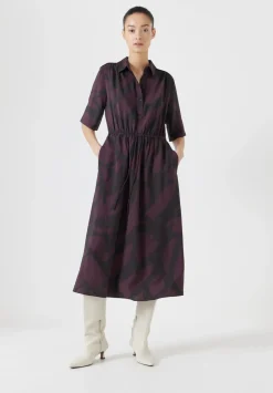 hush Dresses|Air Flow Short Sleeve Midi Shirt Dress Purple/Brown Abstract Shapes