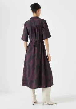 hush Dresses|Air Flow Short Sleeve Midi Shirt Dress Purple/Brown Abstract Shapes