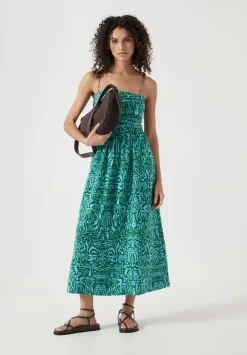 hush Dresses|Air Flow Strappy Gathered Midi Dress Green/Blue Lotus