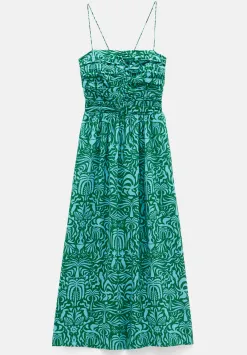 hush Dresses|Air Flow Strappy Gathered Midi Dress Green/Blue Lotus