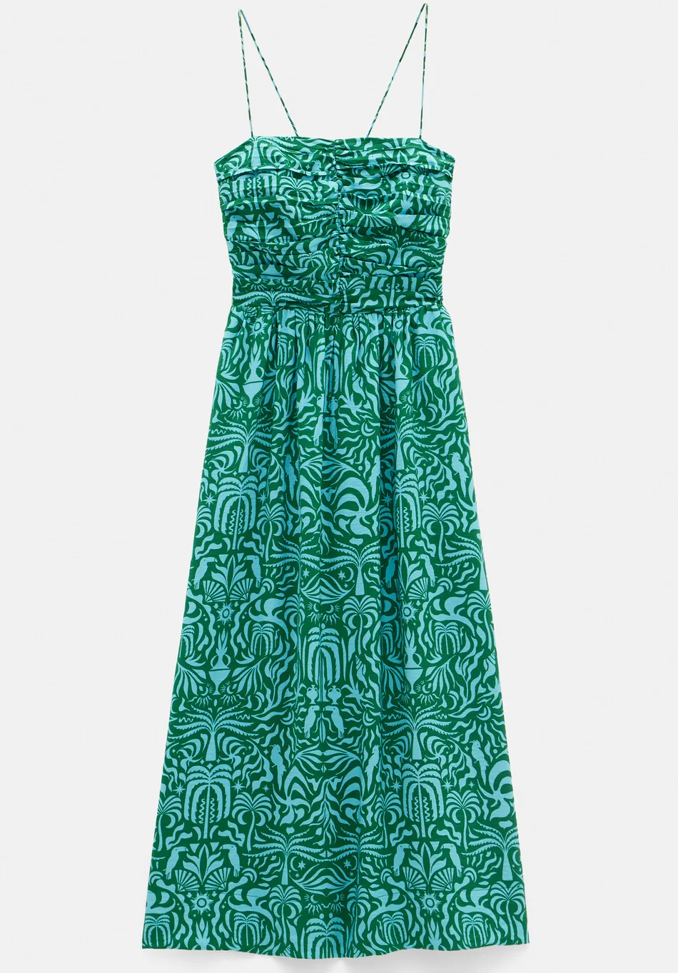 hush Dresses|Air Flow Strappy Gathered Midi Dress Green/Blue Lotus