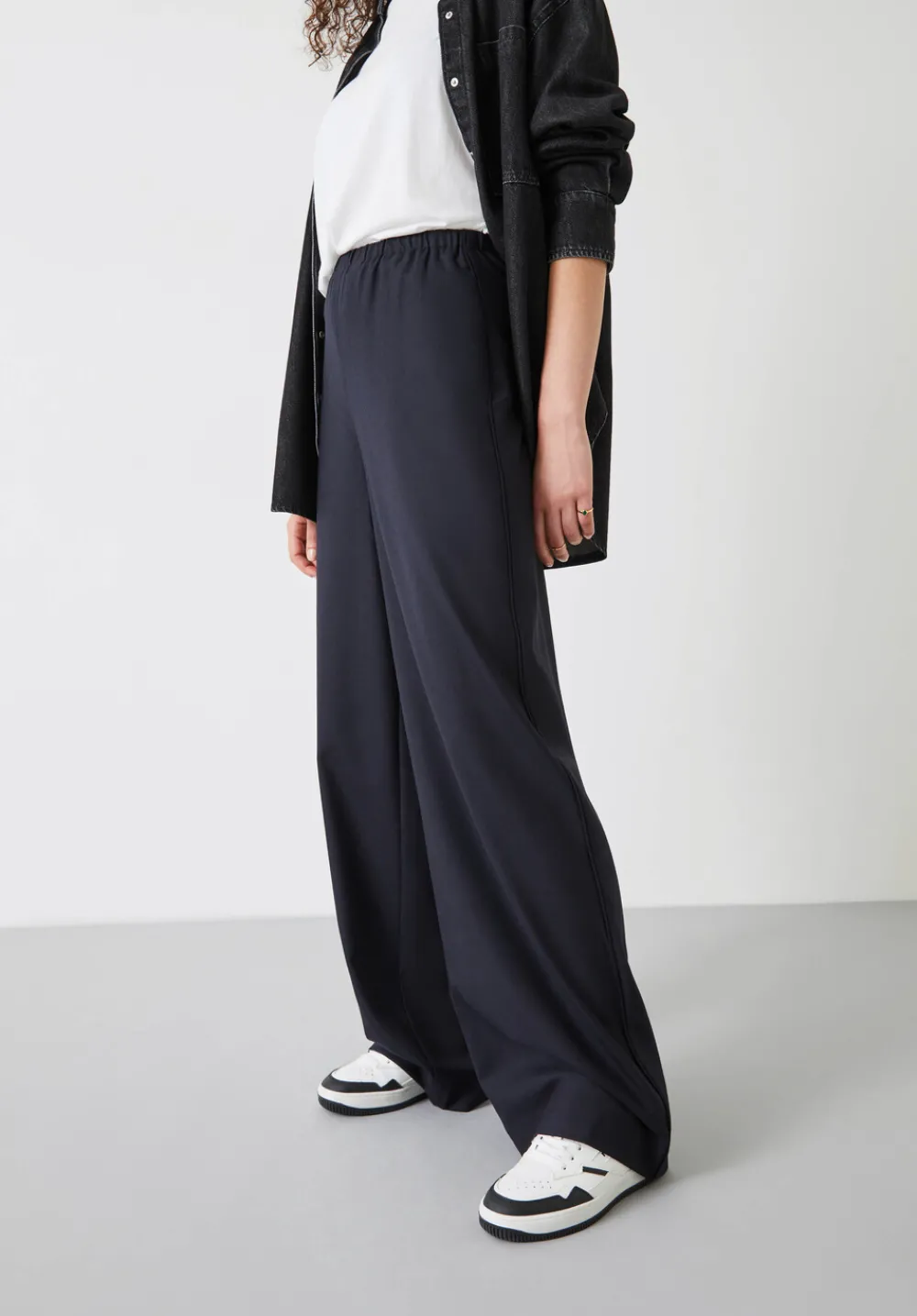 hush Trousers|Alpa Wide Leg Wool Blend Trousers Dark Navy