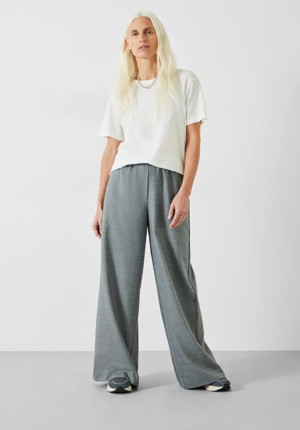hush Trousers|Alpa Wool Blend Wide Leg Trousers Light Grey Marl