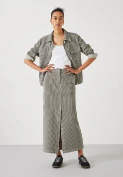 hush Skirts|Amalia Stripe Denim Maxi Skirt Dark Olive
