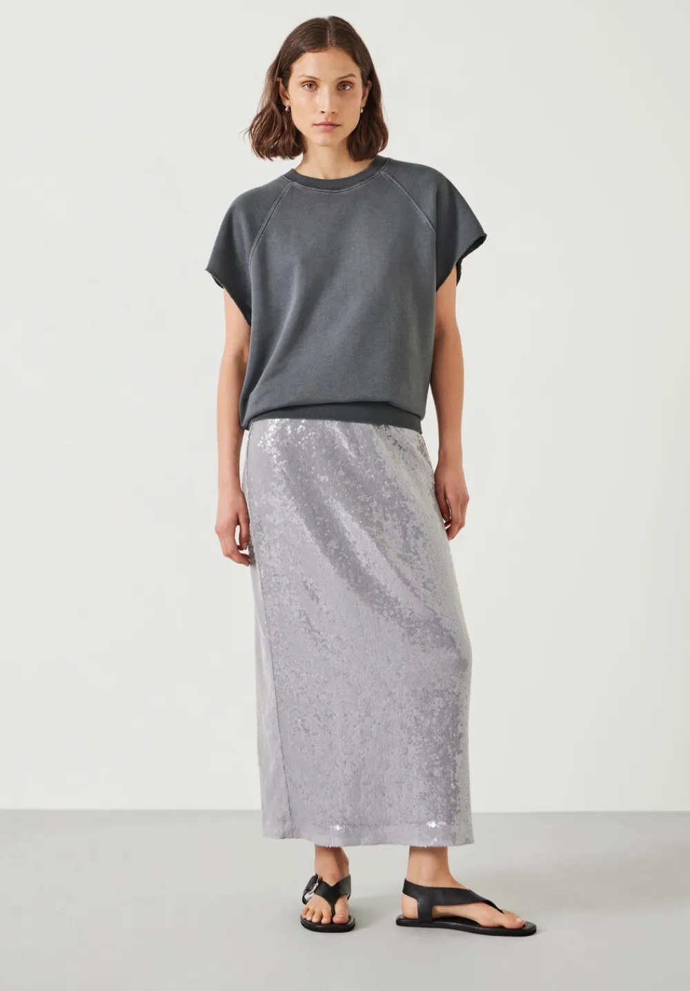 hush Skirts|Anais Sheer Sequin Midi Skirt Opal Grey