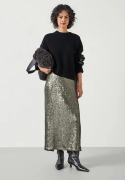 hush Skirts|Anais Sheer Sequin Midi Skirt Matte Khaki Green Sequins