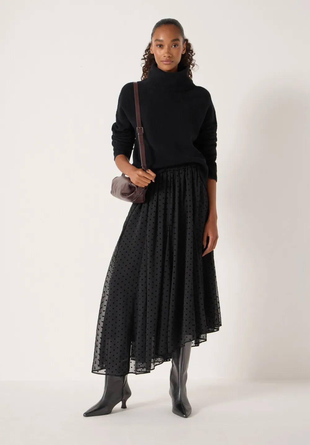 hush Skirts|Asymmetrical Flocked Spot Skirt Black