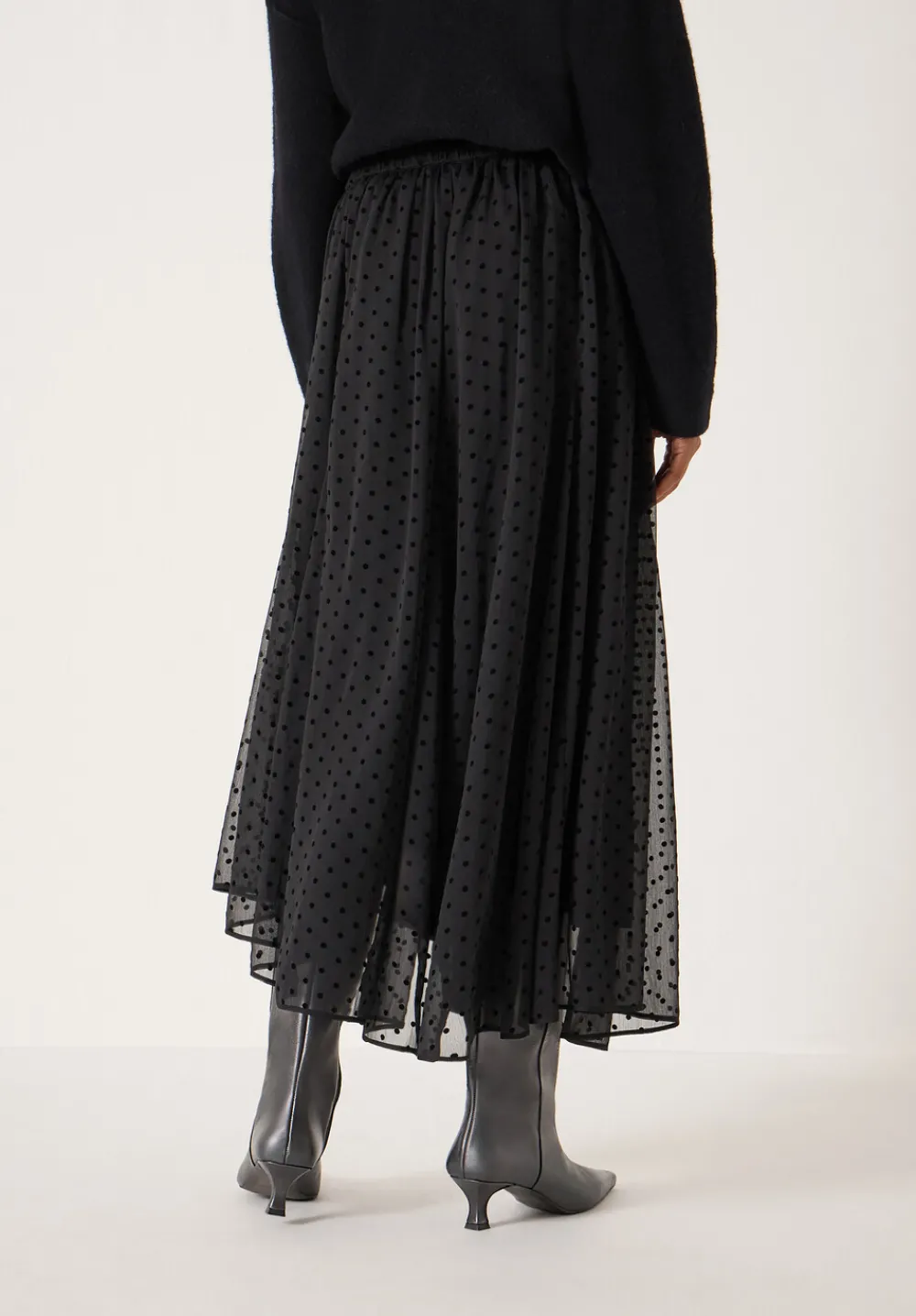 hush Skirts|Asymmetrical Flocked Spot Skirt Black
