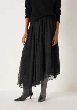 hush Skirts|Asymmetrical Flocked Spot Skirt Black