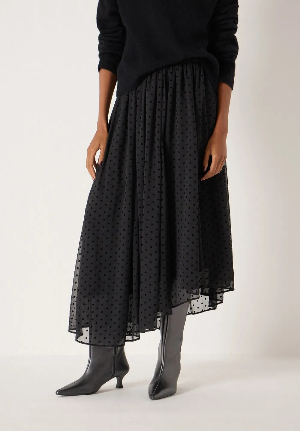 hush Skirts|Asymmetrical Flocked Spot Skirt Black
