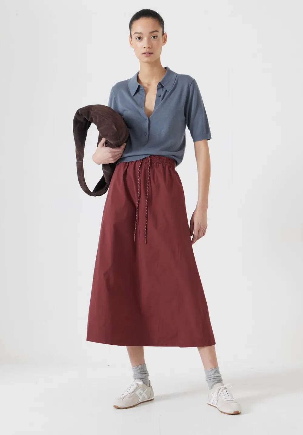 hush Skirts|Aya Technical Pull On Midi Skirt Port Red