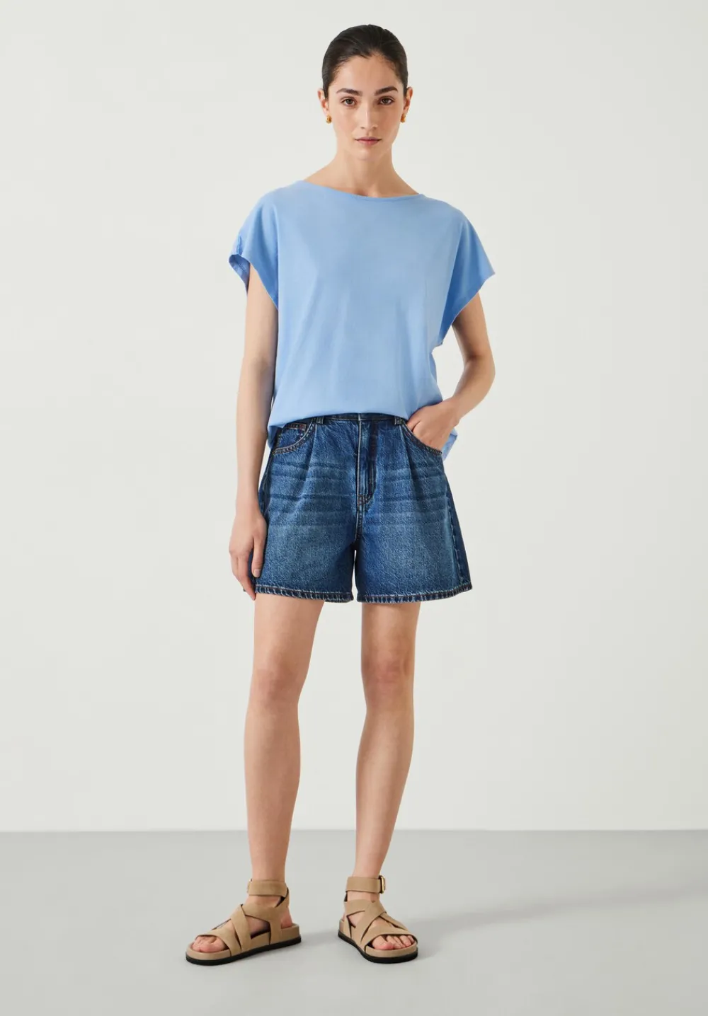 hush Tops & T-Shirts|Back Scoop Detail Cotton T-Shirt Mid Blue