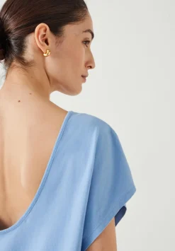 hush Tops & T-Shirts|Back Scoop Detail Cotton T-Shirt Mid Blue