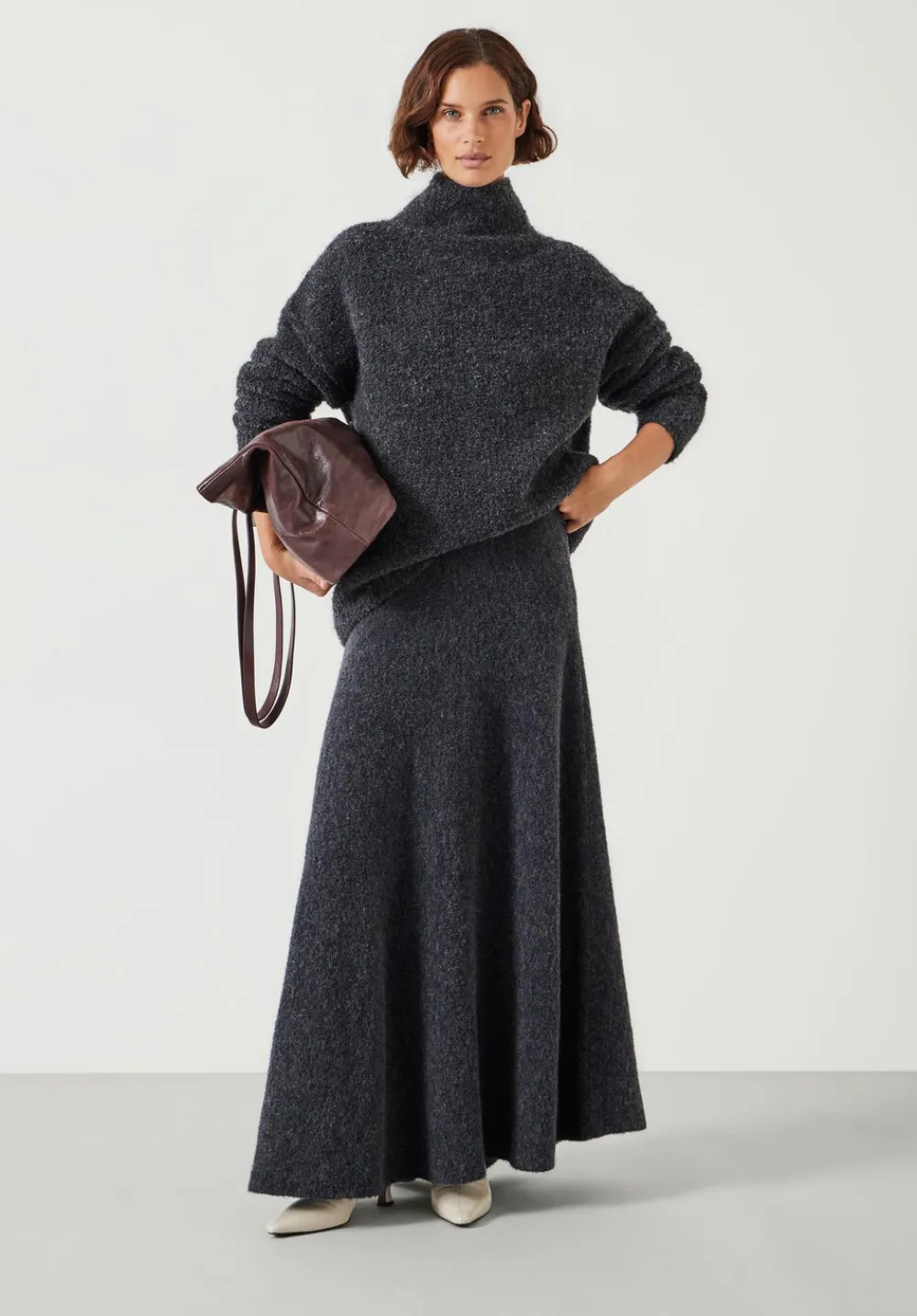hush Skirts|Bea Boucle Knitted Midi Skirt Charcoal Marl