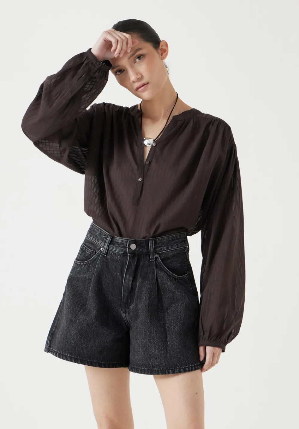 hush Tops & T-Shirts|Shirts & Blouses|Bea Textured Stripe Blouse Chocolate brown