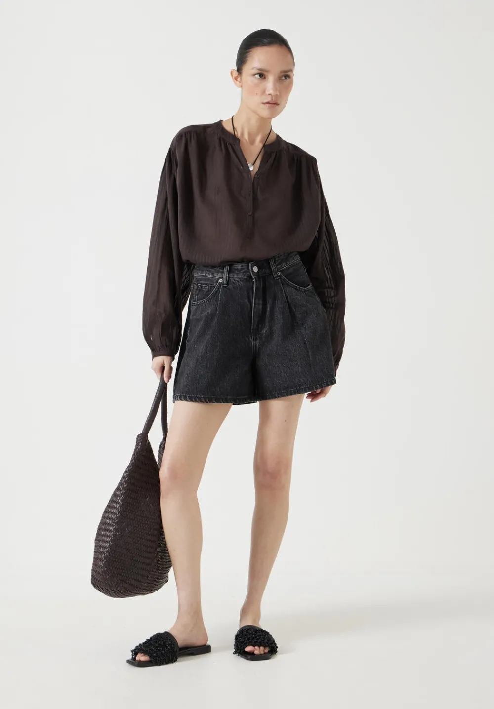 hush Tops & T-Shirts|Shirts & Blouses|Bea Textured Stripe Blouse Chocolate brown