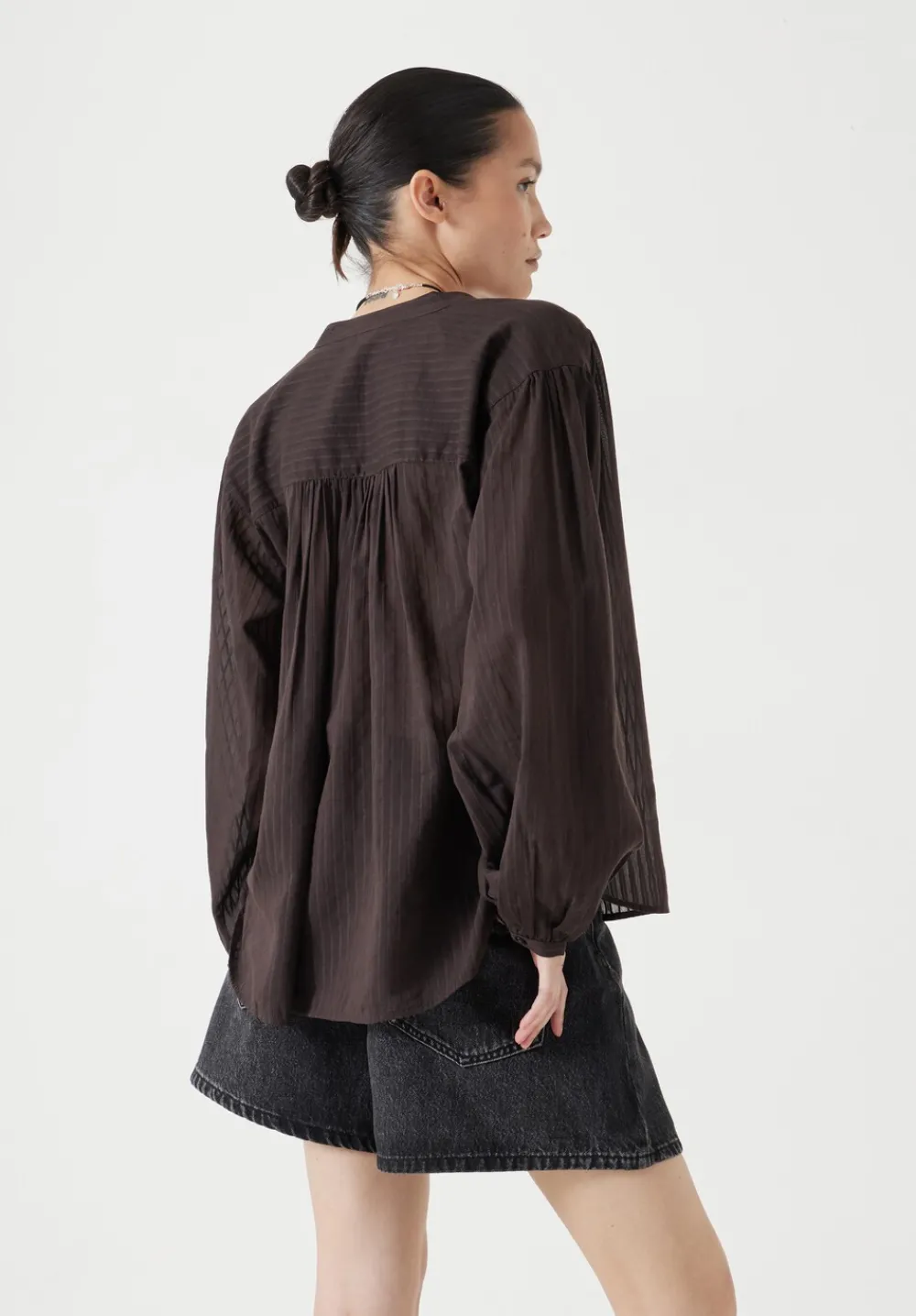 hush Tops & T-Shirts|Shirts & Blouses|Bea Textured Stripe Blouse Chocolate brown