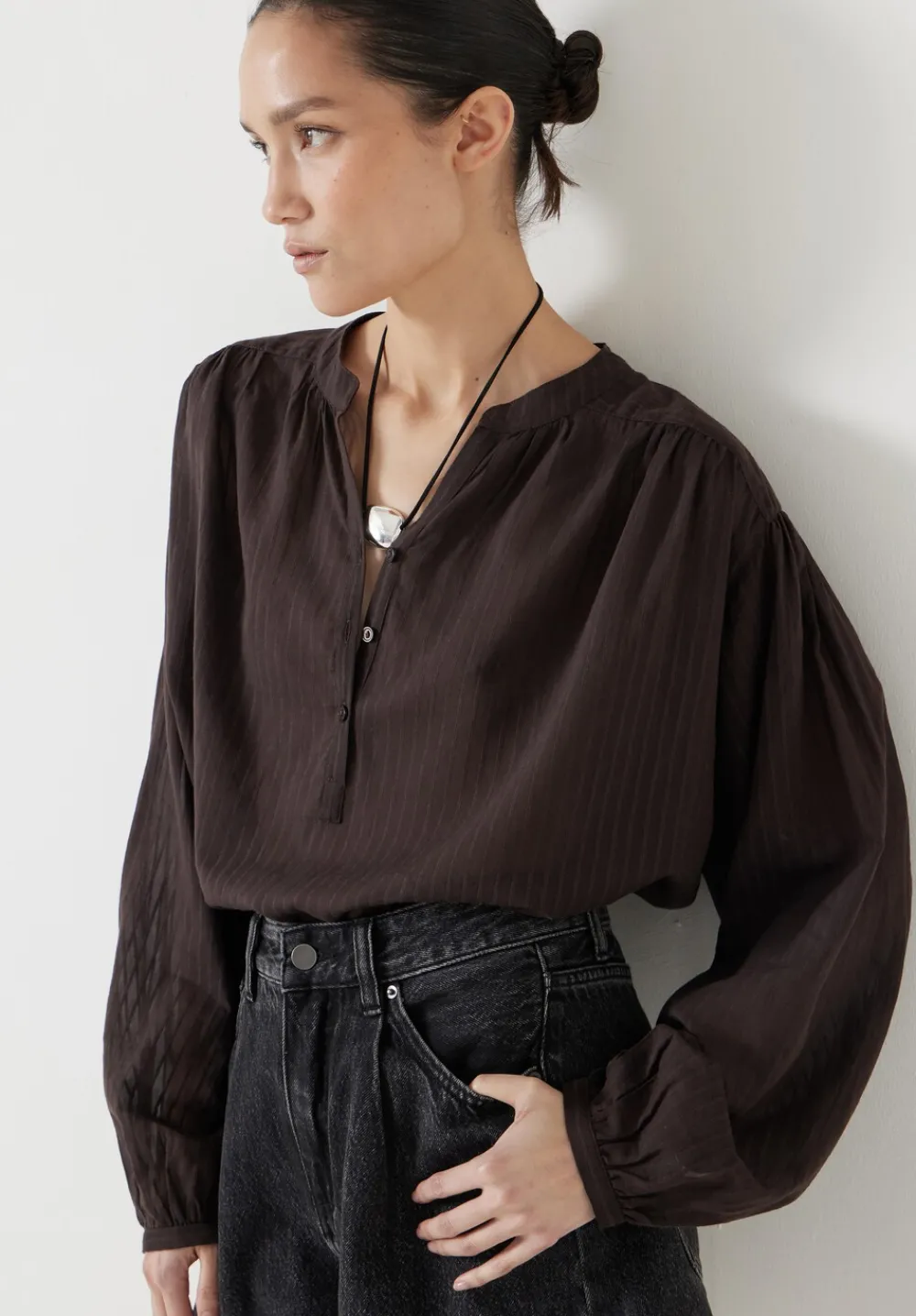 hush Tops & T-Shirts|Shirts & Blouses|Bea Textured Stripe Blouse Chocolate brown