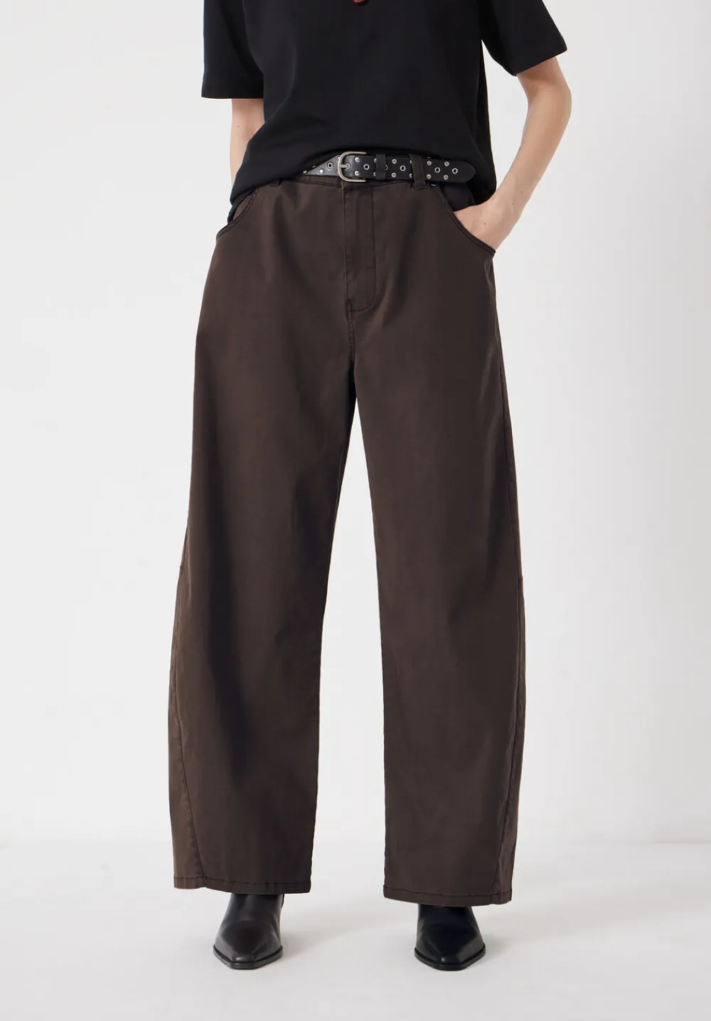 hush Trousers|Bree Horseshoe Barrel Leg Trouser Chocolate brown