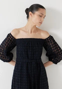 hush Dresses|Broderie Off Shoulder Midi Dress Black