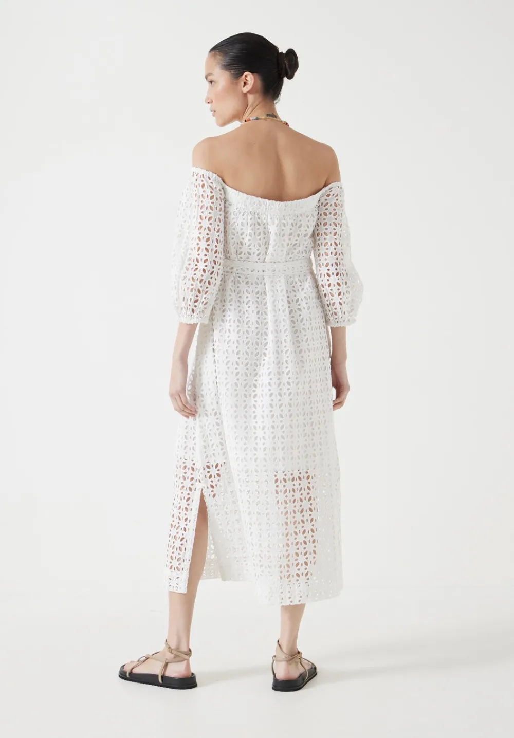 hush Dresses|Broderie Off Shoulder Midi Dress White