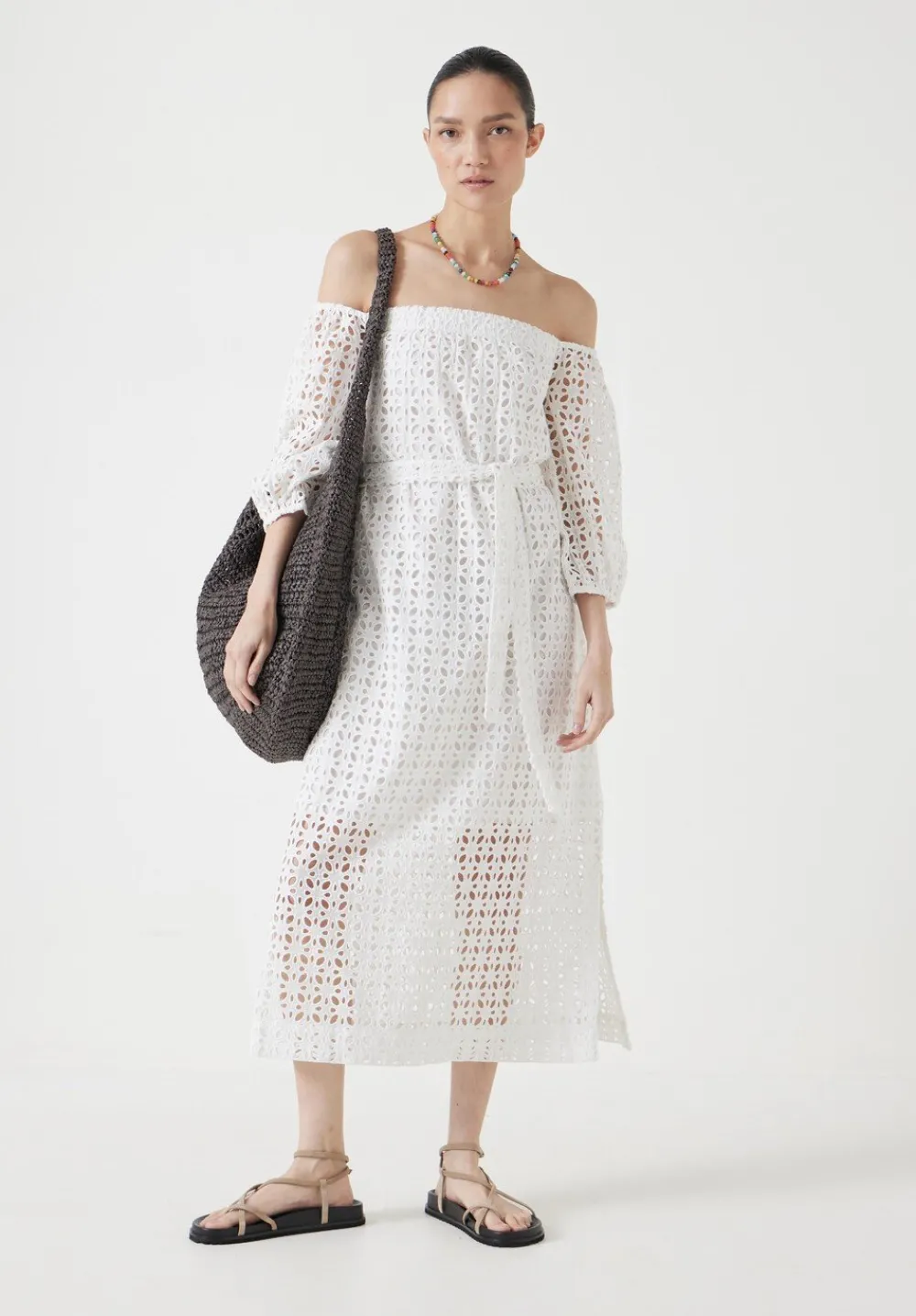 hush Dresses|Broderie Off Shoulder Midi Dress White
