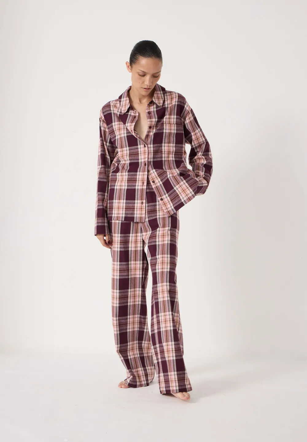 hush Pyjamas & Nightwear|Brushed Cotton Check Print Pyjamas Burgundy Red