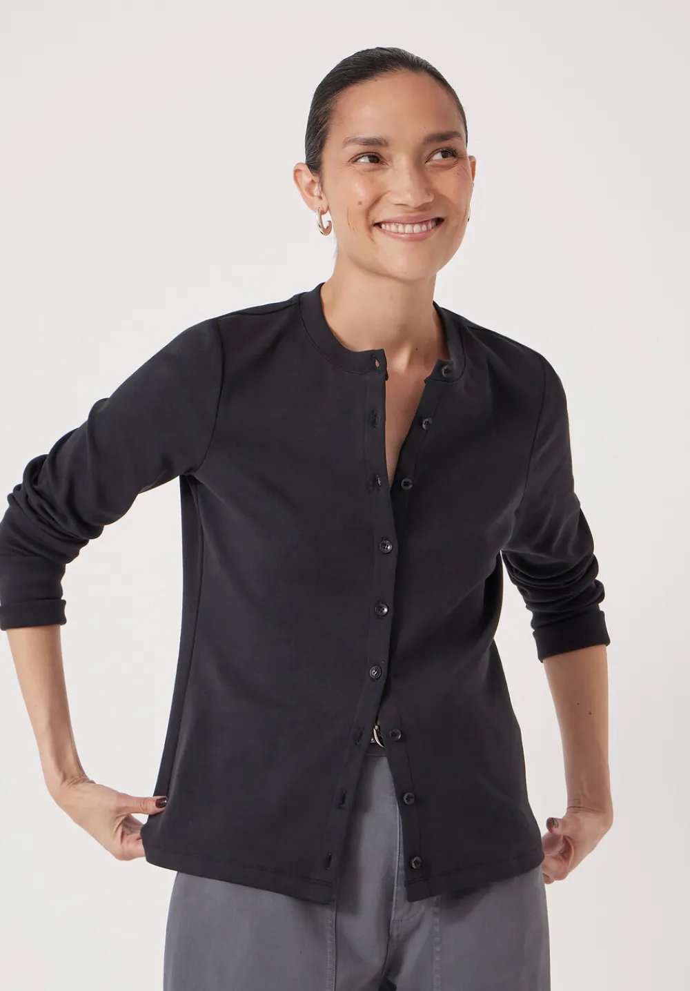 hush Tops & T-Shirts|Button Ribbed Long Sleeve Top Black