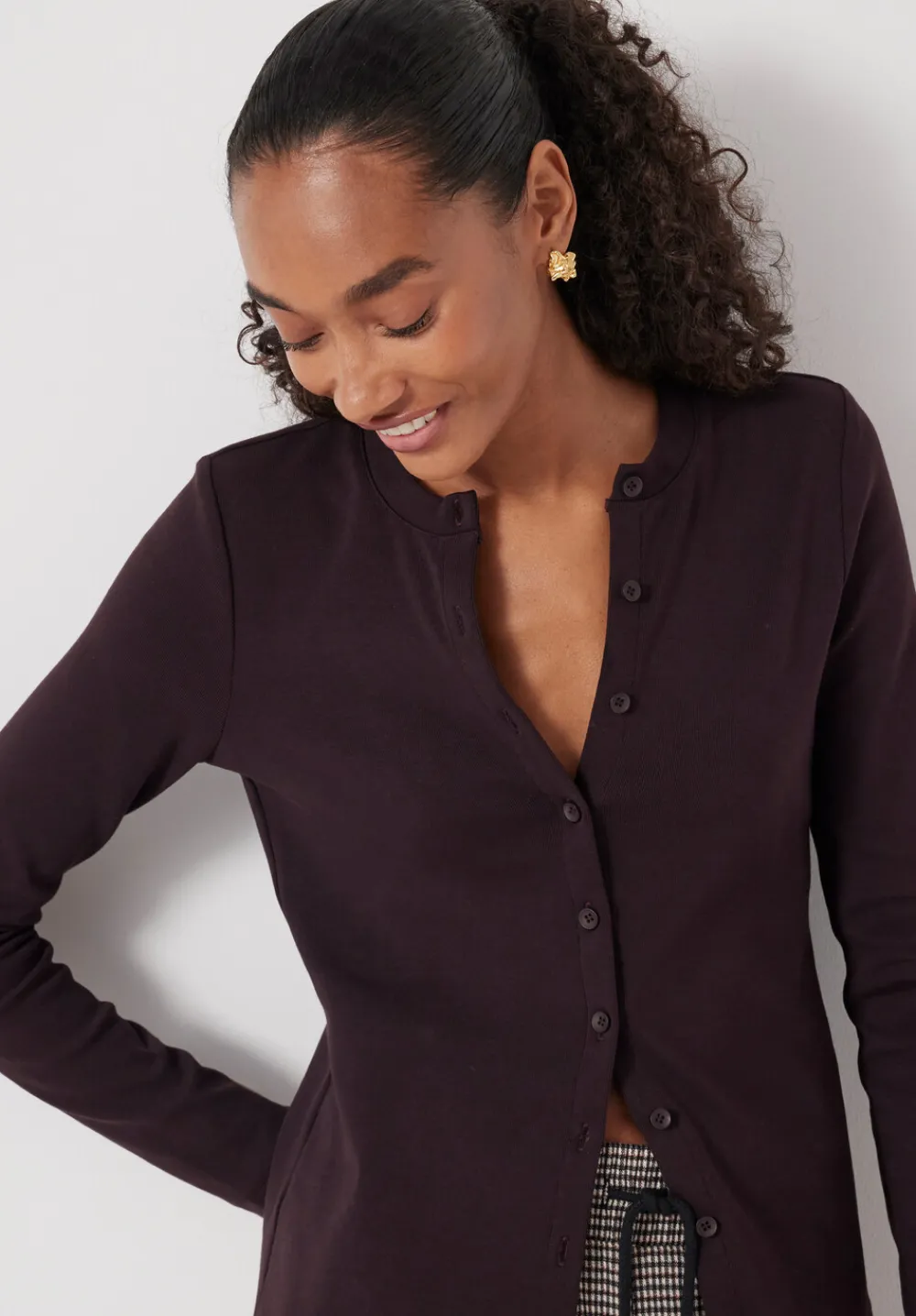 hush Tops & T-Shirts|Button Ribbed Long Sleeve Top Dark Plum