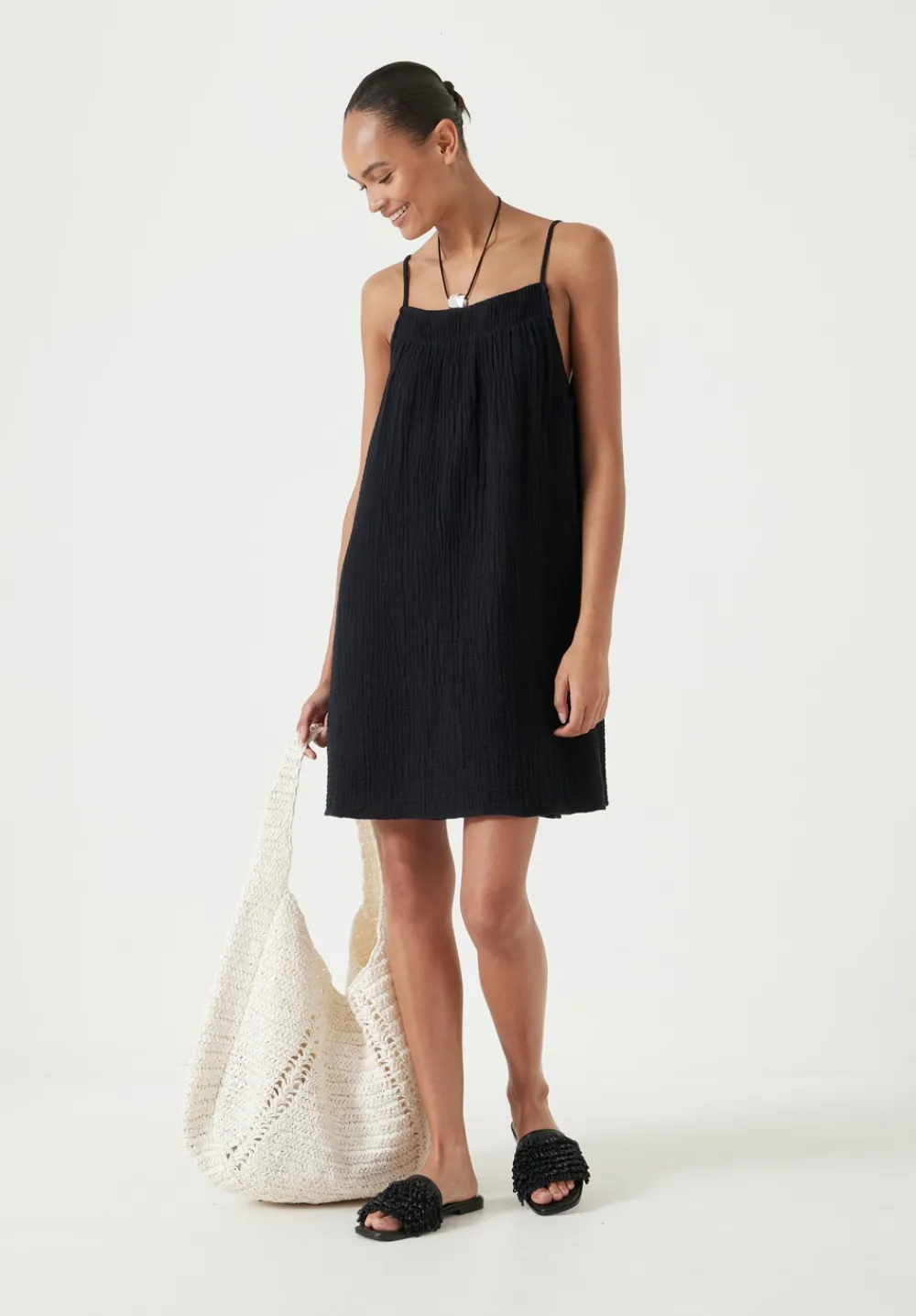 hush Dresses|Cali Cotton Gauze Mini Dress Black
