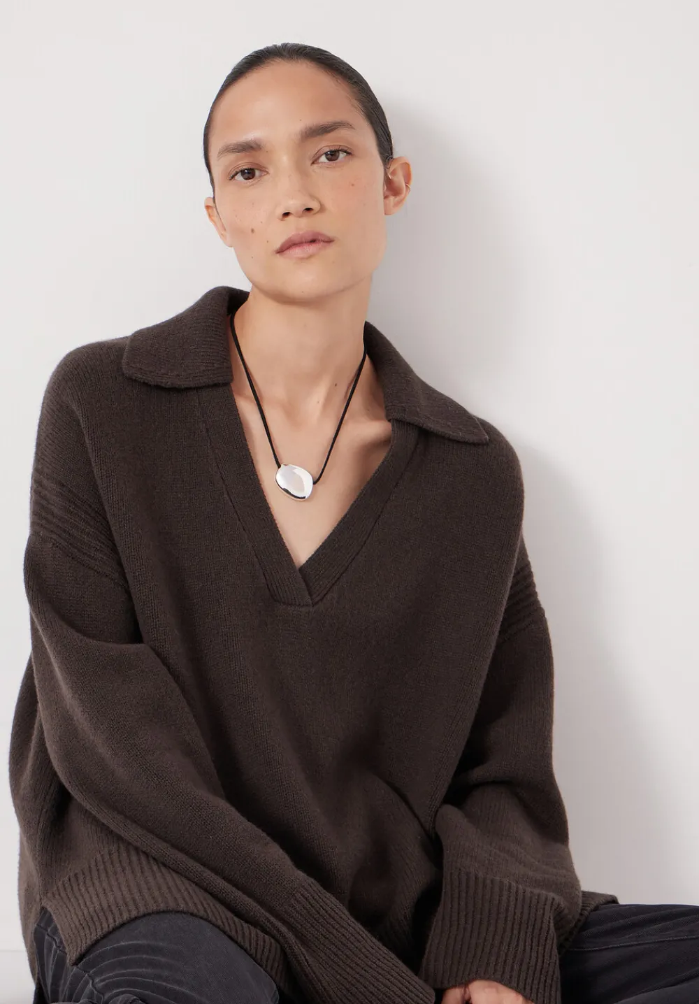hush Jumpers & Cardigans|Carys Merino Collared Relaxed Jumper Dark Brown