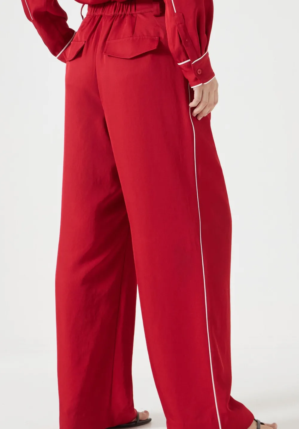 hush Trousers|Carys Piping Detail Wide Leg Trousers Red