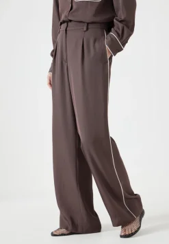hush Trousers|Carys Piping Detail Wide Leg Trousers Coffee Brown