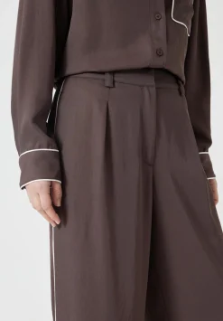 hush Trousers|Carys Piping Detail Wide Leg Trousers Coffee Brown