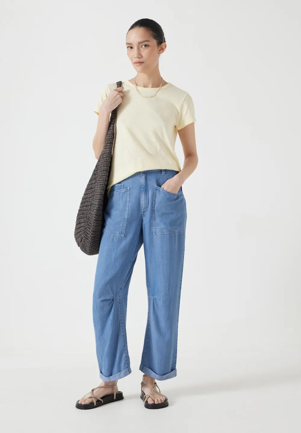 hush Trousers|Chambray Cordi Barrel Leg Trousers Light Blue Chambray
