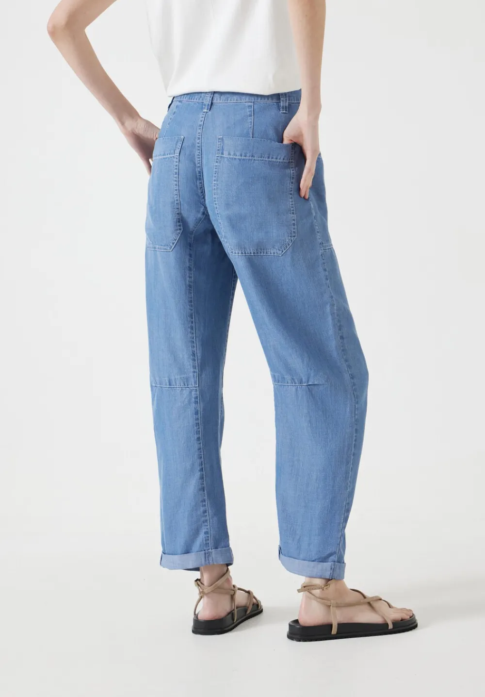 hush Trousers|Chambray Cordi Barrel Leg Trousers Light Blue Chambray
