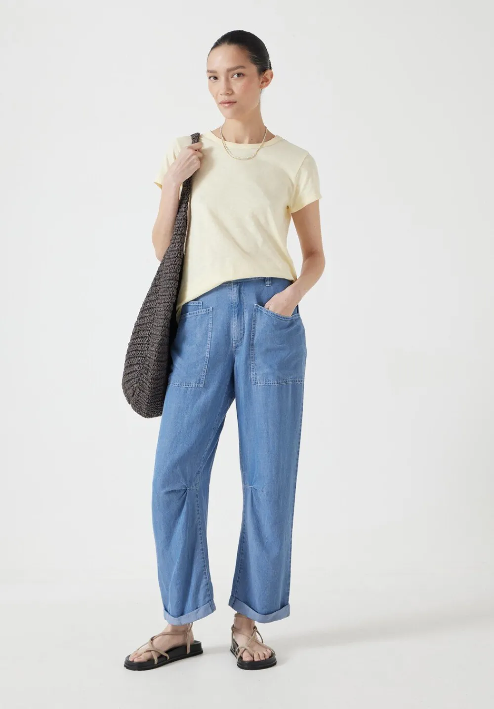 hush Trousers|Chambray Cordi Barrel Leg Trousers Light Blue Chambray
