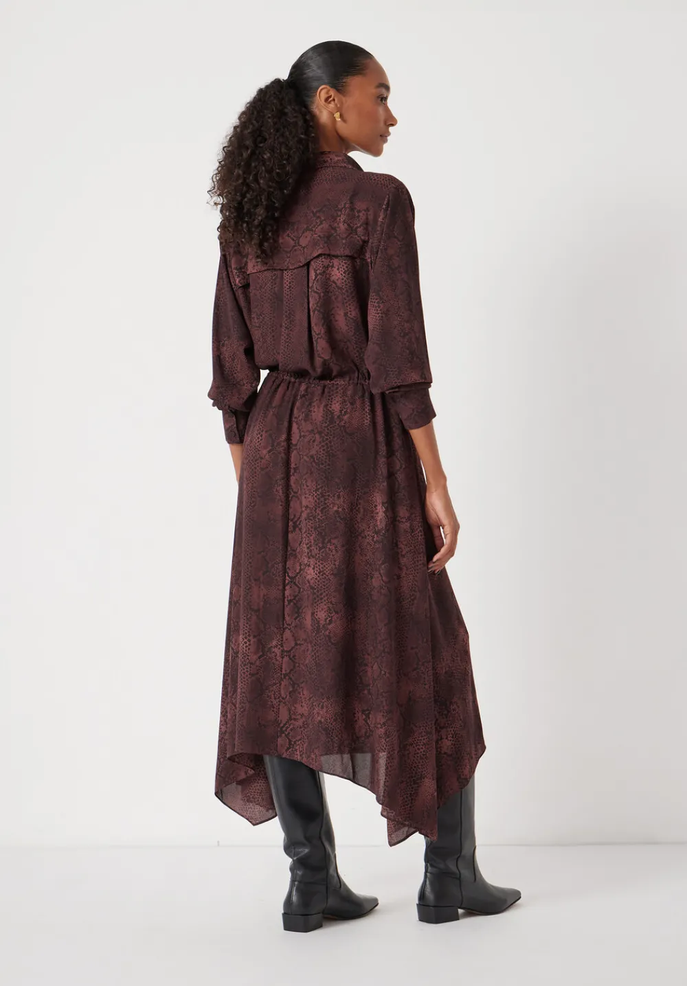 hush Dresses|Chiffon Hanky Hem Maxi Dress Snake Print Brown