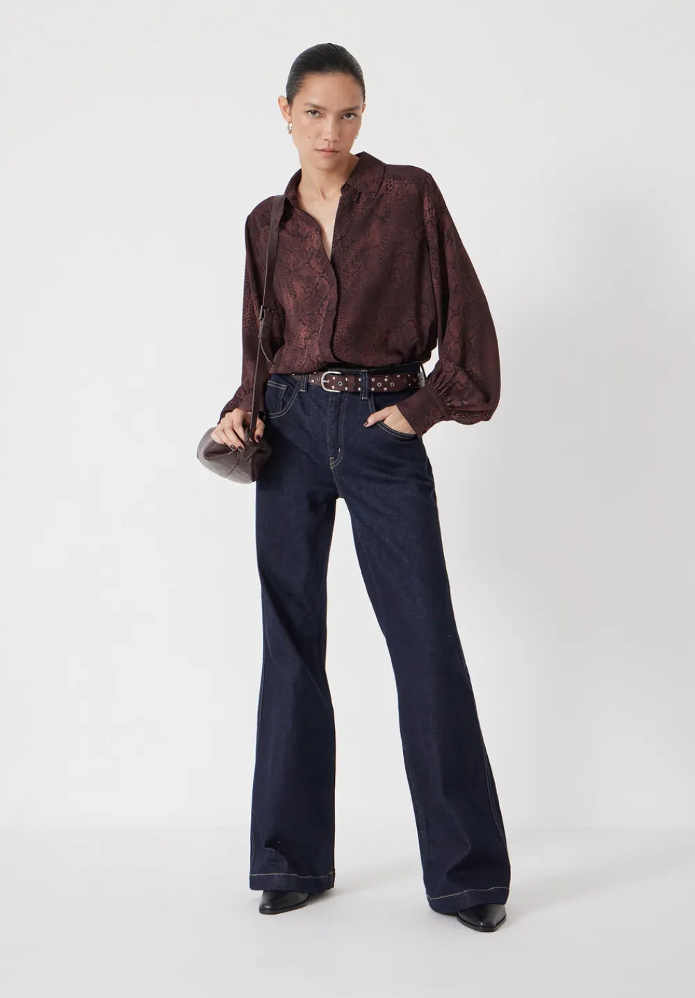 hush Shirts & Blouses|Chiffon Printed Long Sleeve Shirt Snake Print Brown