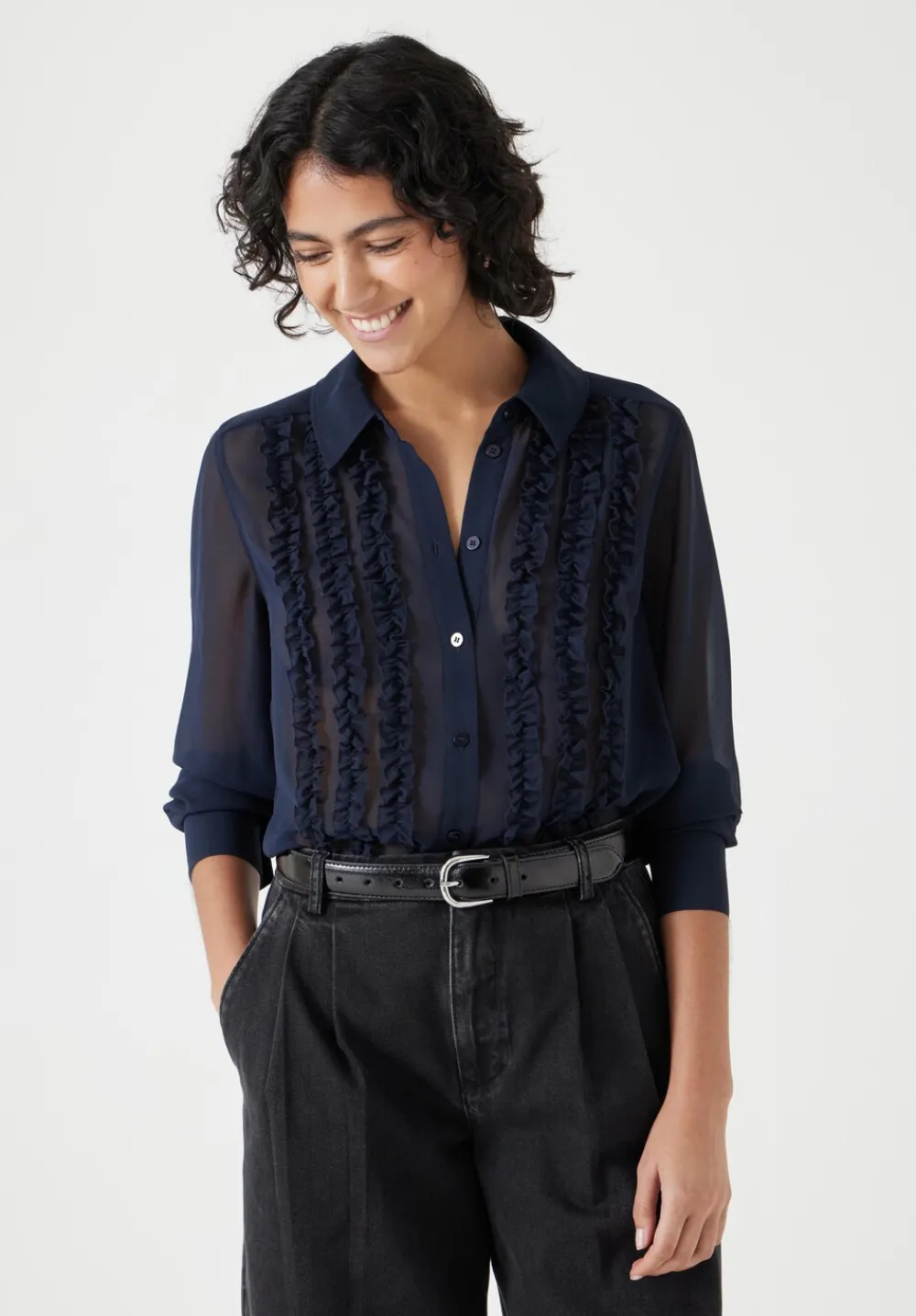 hush Shirts & Blouses|Chiffon Ruffle Blouse Navy Blue
