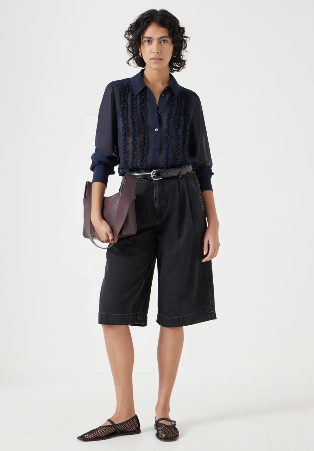 hush Shirts & Blouses|Chiffon Ruffle Blouse Navy Blue