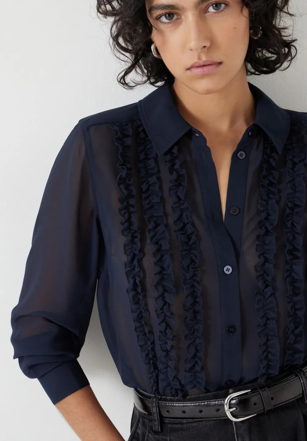 hush Shirts & Blouses|Chiffon Ruffle Blouse Navy Blue