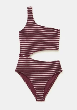 hush Swimwear & Beachwear|Clare Crinkle Cut Out Swimsuit Oxblood/White Stripe