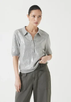 hush Tops & T-Shirts|Jumpers & Cardigans|Clear Sequin Knitted Polo Top Grey Marl